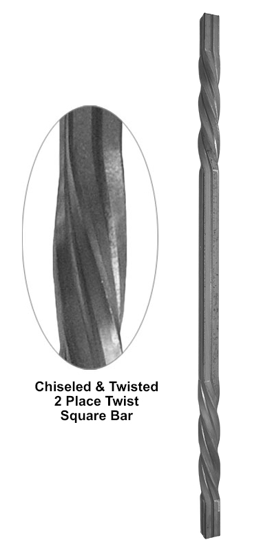 Chiseled and twisted 2 place twisted square bar metal bar detail showing textured twist profile