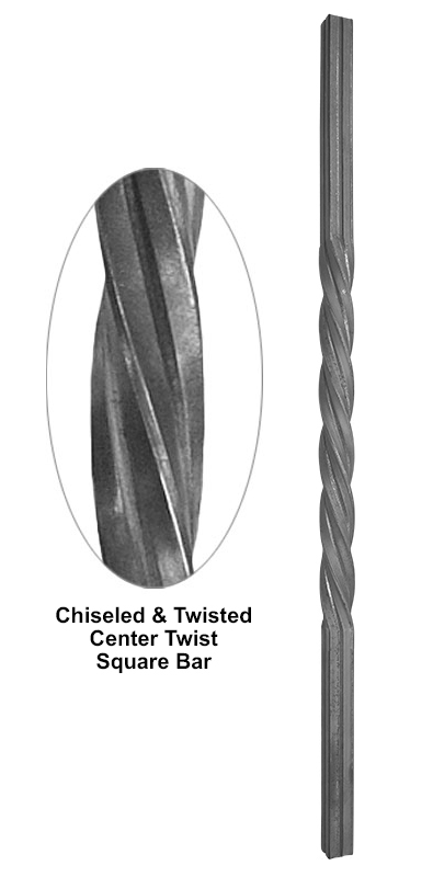 Chiseled and twisted center twist square bar metal bar detail showing textured twist profile