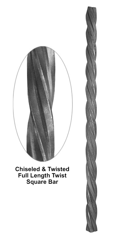 Chiseled and twisted full length twisted square bar metal bar detail showing textured twist profile