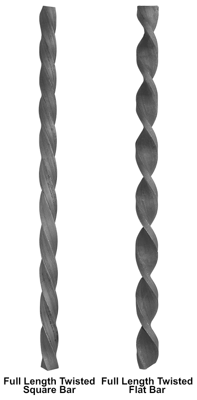 Full length twisted square bar and full length twisted flat bar metal bar comparison showing two bar styles
