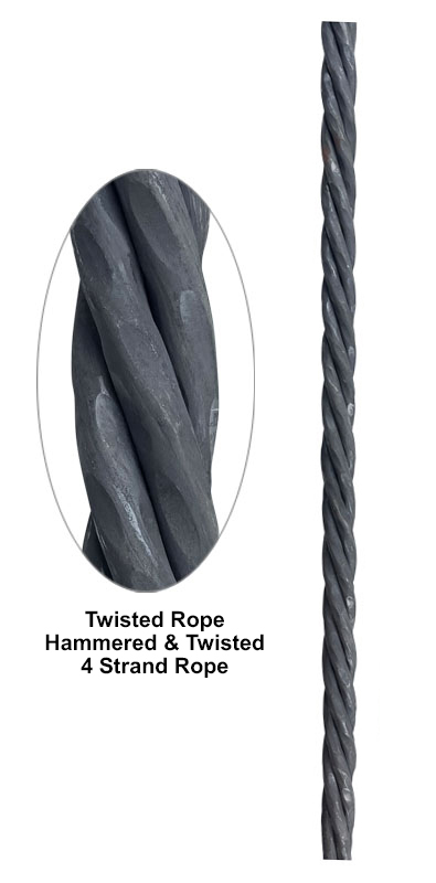 Hammered and twisted 4 strand metal rope showing textured twist profile