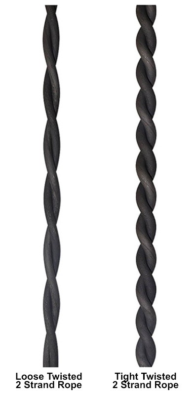 Loose and tight twisted 2 strand rope metal bars comparison showing two rope style variations