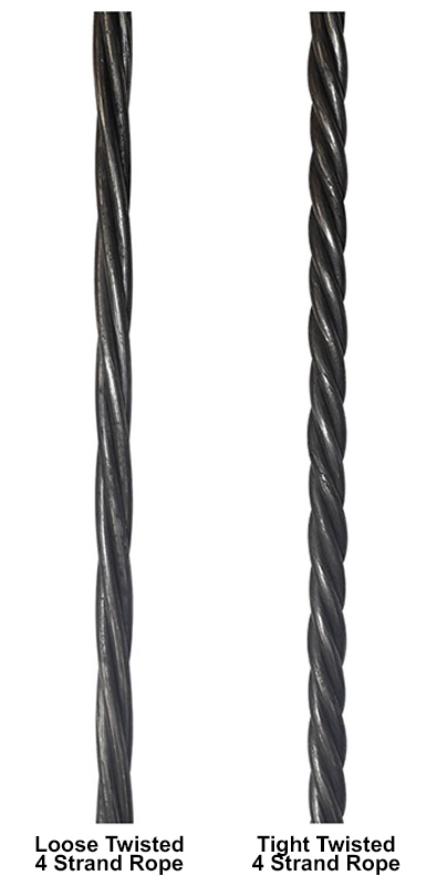 Loose and tight twisted 4 strand rope metal bars comparison showing two rope style variations