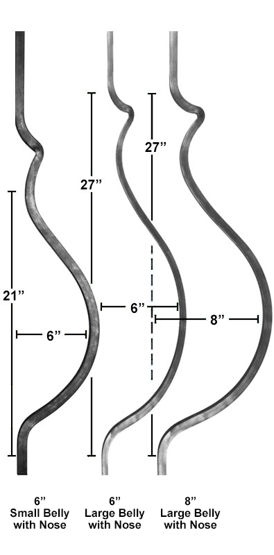 Belly bar variations metal bar detail showing small and large belly profiles with nose including dimensional measurements