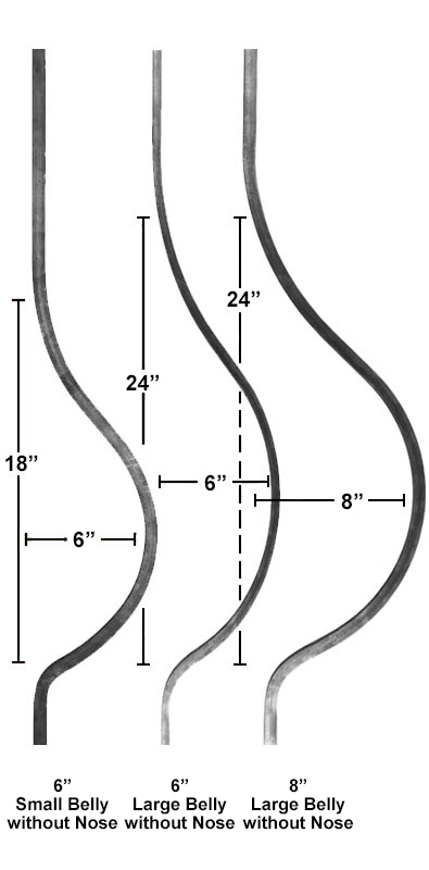 Belly bar variations metal bar detail showing small and large belly profiles without nose including dimensional measurements