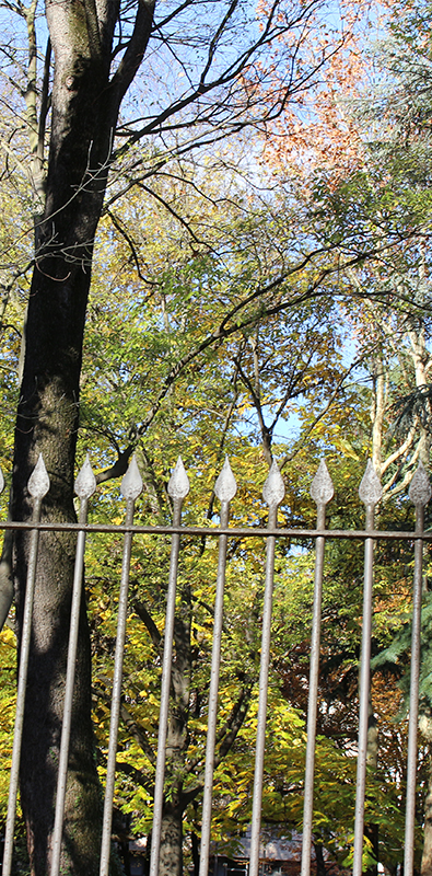 Gothic fence pickets with pointed spear tops in ornamental metal fence