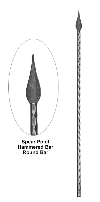Spear point hammered round bar metal bar detail showing forged spear tip with hammered round bar texture