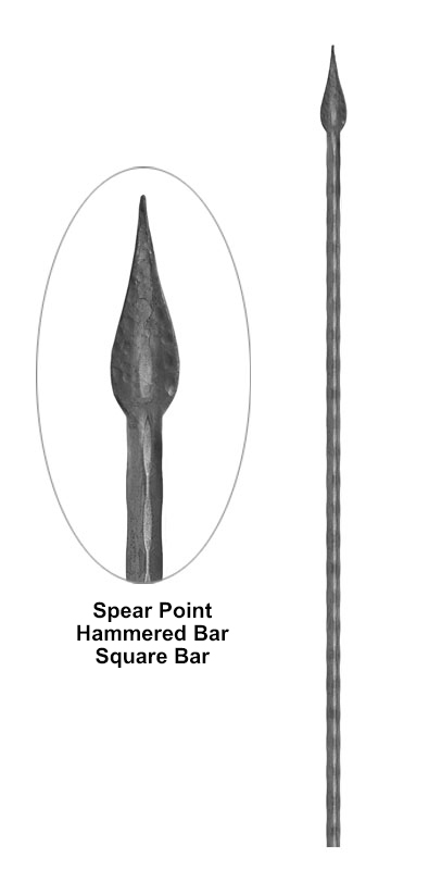 Spear point hammered square bar metal bar detail showing forged spear tip with hammered bar texture