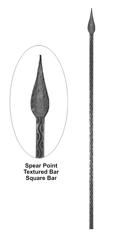 Spear point textured square bar metal bar detail showing patterned square bar with forged spear tip