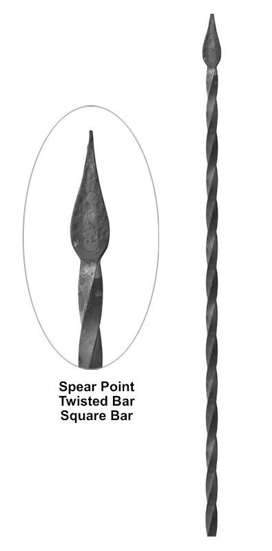 Spear point twisted square bar metal bar detail showing twisted profile with forged spear tip