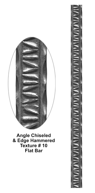 Angle chiseled and edge hammered texture flat bar metal bar detail showing angled chiseled pattern with hammered edges