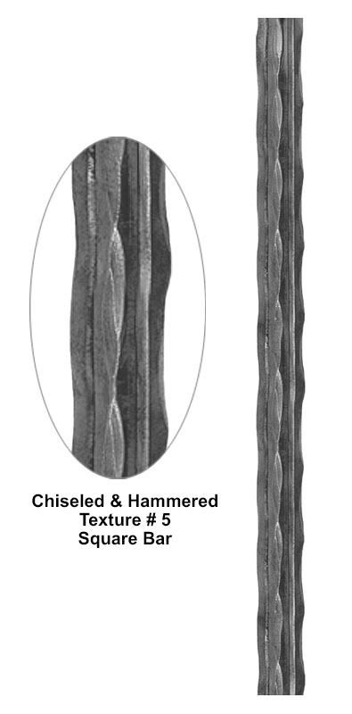 Chiseled and hammered texture square bar metal bar detail showing deep chiseled grooves with hammered surface pattern