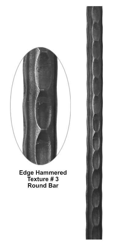 Edge hammered texture round bar metal bar detail showing repeating hammered pattern along the edges