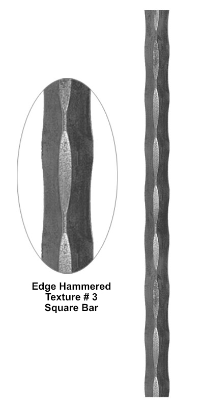 Edge hammered texture square bar metal bar detail showing defined center line with hammered edges