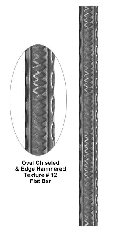 Oval chiseled and edge hammered texture flat bar metal bar detail showing repeating oval chiseled pattern with hammered edges