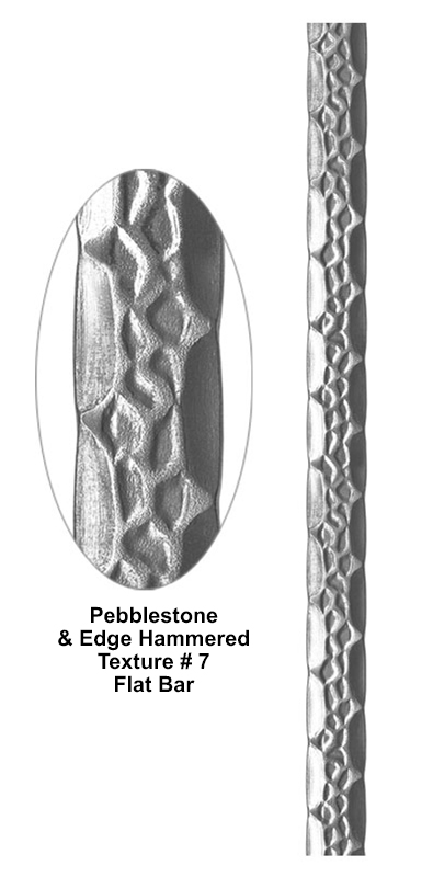 Pebblestone and edge hammered texture flat bar metal bar detail showing organic stone pattern with hammered edges