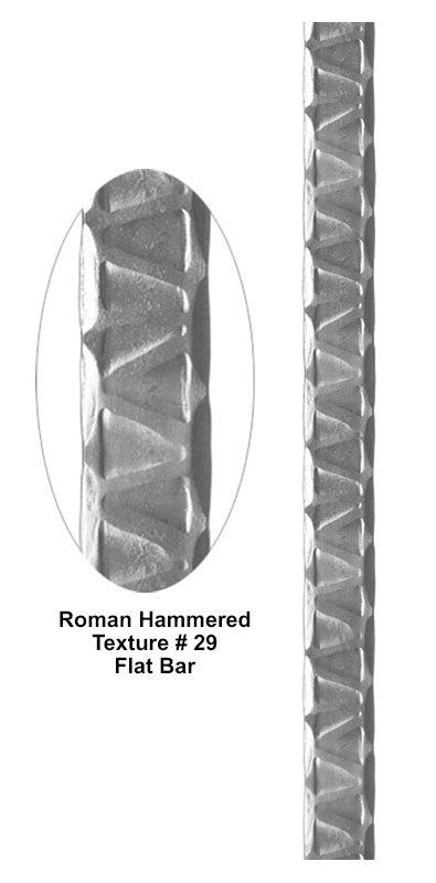 Roman hammered texture flat bar metal bar detail showing repeating angled hammered pattern across the surface