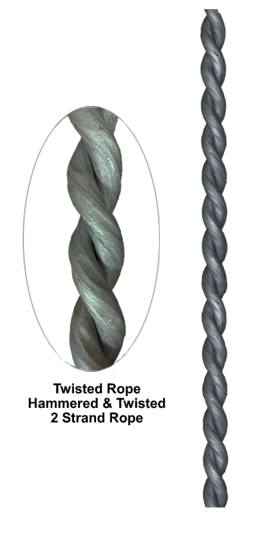 Hammered and twisted 2 strand metal rope showing textured twist profile
