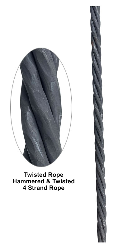 Hammered and twisted 4 strand metal rope showing textured twist profile