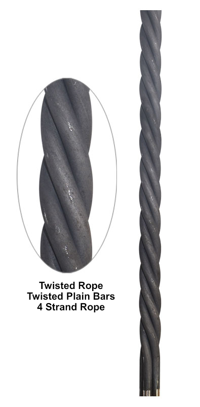 Twisted 4 strand metal rope showing twist profile