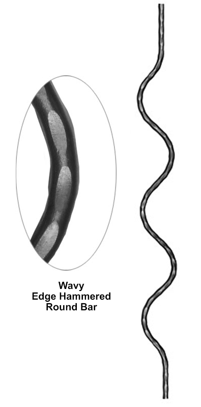 Wavy edge hammered round bar metal bar detail showing flowing wave profile with hammered edges